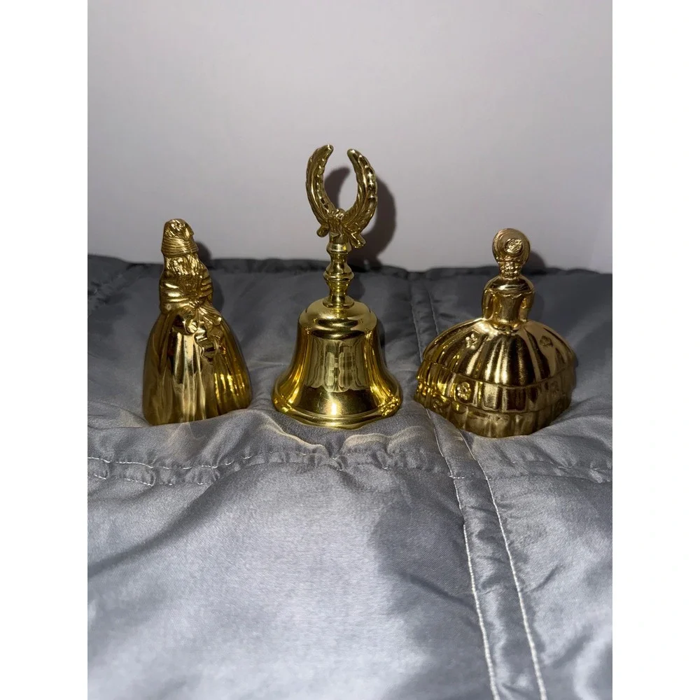 Vintage Polished Brass Hand Bells Set of 3 Victorian Lady & Laurel Wreath Gold